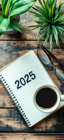 2025 goals written on notebook surrounded by coffee