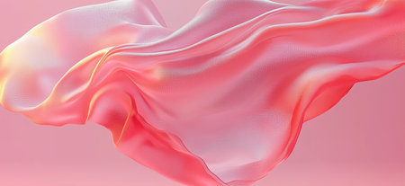 Pink silk fabric flowing and waving in the air on pink backgroundの写真素材