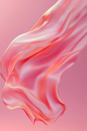 Pink silk fabric flowing and waving in the air on pink backgroundの写真素材
