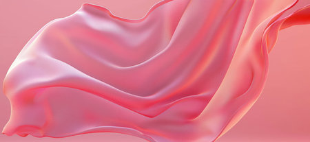 Pink silk fabric flowing and waving in the air on pink backgroundの写真素材