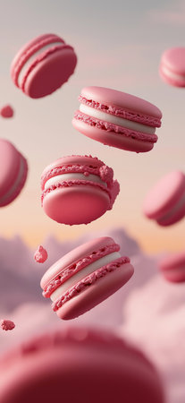Pink macarons floating on a pastel background: a sweet treatの写真素材