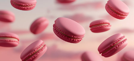 Pink macarons floating on a pastel background: a sweet treatの写真素材