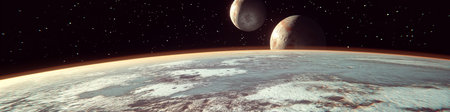 Frozen planet orbiting around a star with other planets in the background