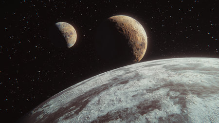 Frozen planet orbiting around a star with other planets in the background