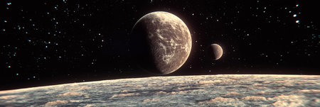 Frozen planet orbiting around a star with other planets in the backgroundの写真素材