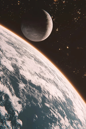 Frozen planet orbiting around a star with other planets in the backgroundの写真素材