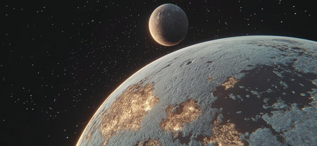 Frozen planet orbiting around a star with other planets in the background