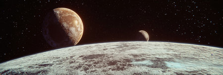 Frozen planet orbiting around a star with other planets in the background