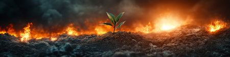 Small plant growing in burned soil in the war zone with fire in the backgroundの写真素材