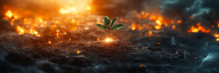 Small plant growing in burned soil in the war zone with fire in the backgroundの写真素材