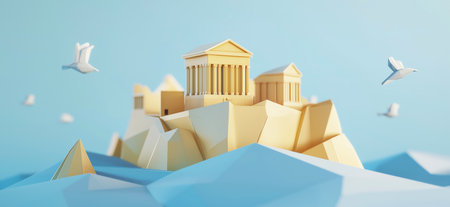 3D rendering of Acropolis in Greece in simple low poly origami style, web banner with copy space....