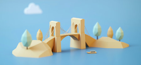 3D rendering of Brooklyn Bridge in New York simple low poly origami style, web banner with copy space. Brooklyn Bridgeの写真素材