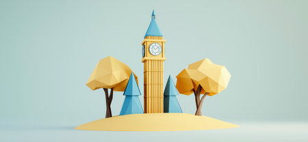 3D rendering of Big Ben in London in simple low poly origami style, web banner with copy space. Big...