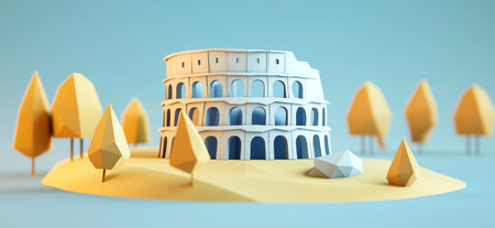3D rendering of Colloseum simple low poly origami style, web banner with copy space. Colloseum in Romeの写真素材
