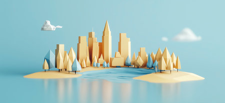3D rendering of Central Park in New York simple low poly origami style, web banner with copy space.の写真素材