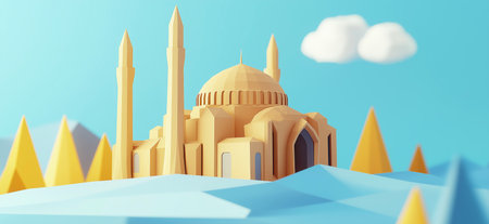 3D rendering of Hagia Sophia Mosque in Istanbul simple low poly origami style, web banner with copy space. Hagia Sophiaの写真素材