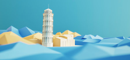 3D rendering of Leaning Tower of Pisa simple low poly origami style, web banner with copy space. Pisa towerの写真素材
