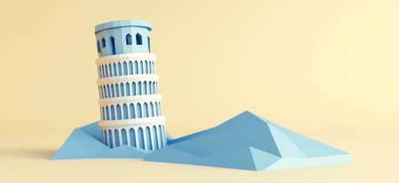 3D rendering of Leaning Tower of Pisa simple low poly origami style, web banner with copy space. Pisa towerの写真素材