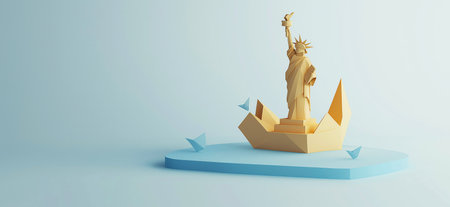 3D rendering of Statue of Liberty simple low poly origami style, web banner with copy space. Statue...