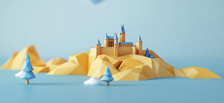 3D rendering of Prague Castle simple low poly origami style, web banner with copy space. Prague Castleの写真素材