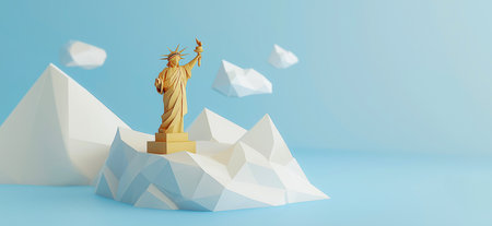 3D rendering of Statue of Liberty simple low poly origami style, web banner with copy space. Statue of Libertyの写真素材