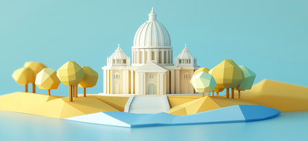 3D rendering of St. Peter's Basilica simple low poly origami style, web banner with copy space. Saint Peters Basilicaの写真素材
