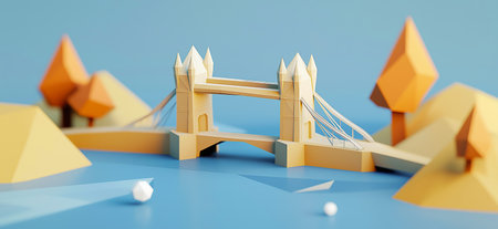 3D rendering of Tower Bridge in London simple low poly origami style, web banner with copy space. Tower Bridgeの写真素材