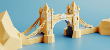 3D rendering of Tower Bridge in London simple low poly origami style, web banner with copy space....