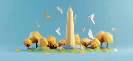 3D rendering of Washington Monument simple low poly origami style, web banner with copy space. Washington Monumentの写真素材
