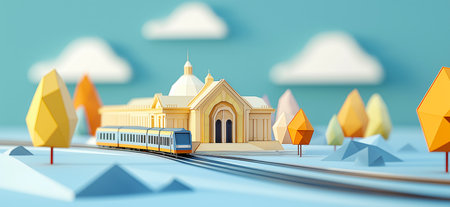 3D rendering of Union Station in Washington simple low poly origami style, web banner with copy space. Union Stationの写真素材