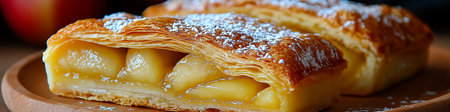 Delicious puff pastry apple turnover cake showing filling on wooden plate