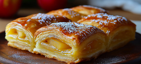 Delicious puff pastry apple turnover cake showing filling on wooden plateの写真素材