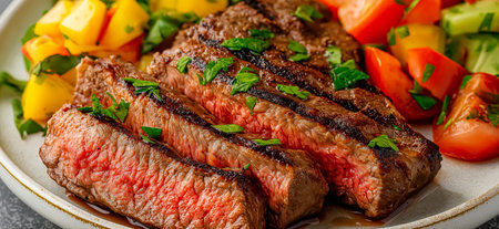 Sizzling grilled steak with fresh summer vegetables and herbs, beef rancheraの写真素材