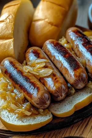 Grilled bratwurst with caramelized onions on bread rollsの写真素材