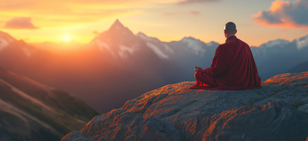 Buddhist monk meditating on mountain peak at sunset: finding inner peaceの写真素材