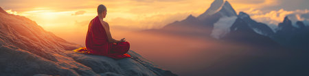 Buddhist monk meditating on mountain peak at sunset: finding inner peaceの写真素材