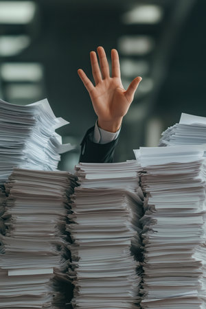 Office worker raising hand behind huge stacks of paper, bureaucracy or taxes conceptの写真素材