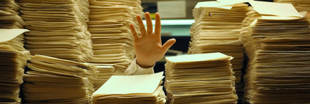 Office worker raising hand behind huge stacks of paper, bureaucracy or taxes conceptの写真素材