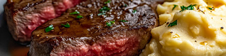 Sliced ribeye steak with mashed potatoes and parsley in garlic butter sauceの写真素材