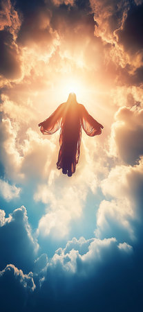 Silhouette of jesus christ appearing in cloudy sky with sunbeamの写真素材