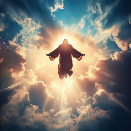 Silhouette of jesus christ appearing in cloudy sky with sunbeamの写真素材