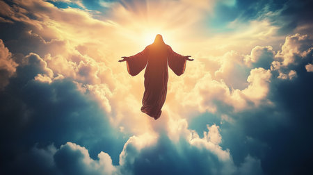Silhouette of jesus christ appearing in cloudy sky with sunbeamの写真素材