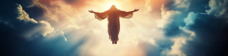 Silhouette of jesus christ appearing in cloudy sky with sunbeam