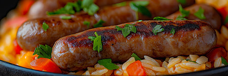 Grilled cevapcici sausages resting on tomato-infused djuvec rice garnished with parsleyの写真素材