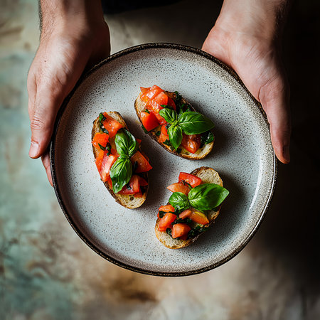 Chef holding plate with delicious bruschetta, italian appetizerの写真素材