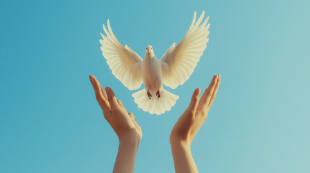 Hands releasing white dove into clear blue sky symbolizing peace and freedomの写真素材