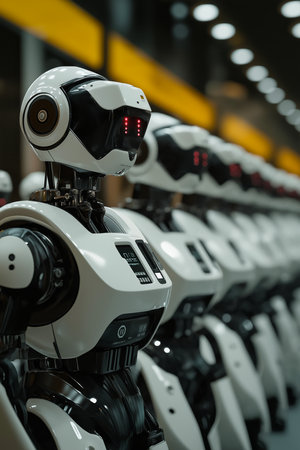 Humanoid robots standing in a line in futuristic factoryの写真素材