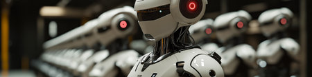 Humanoid robots standing in a line in futuristic factoryの写真素材
