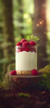 Raspberry yogurt in jar resting on mossy stump in forest settingの写真素材