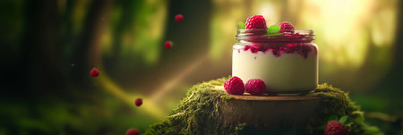 Raspberry yogurt in jar resting on mossy stump in forest settingの写真素材
